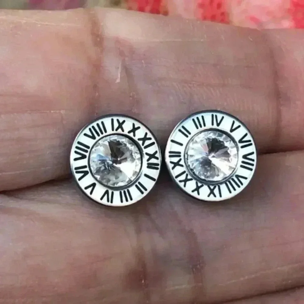 Silver Roman Numerals Designer Style AAA Zircon Stud Earrings NWT